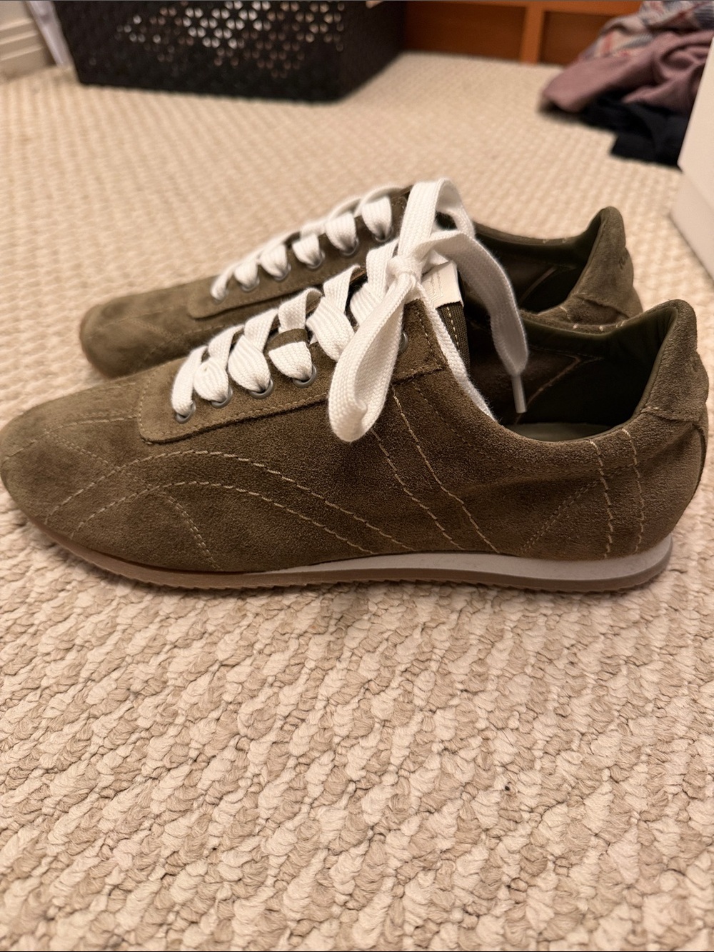 Toteme Olive Suede Sneakers with White Laces
